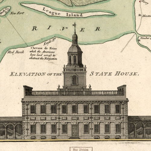 Independence Hall juxtaposed with map of Delaware River
