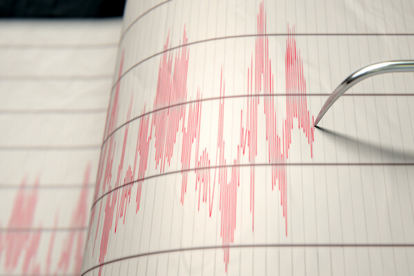 Photograph of a seismograph reading following an earthquake. 