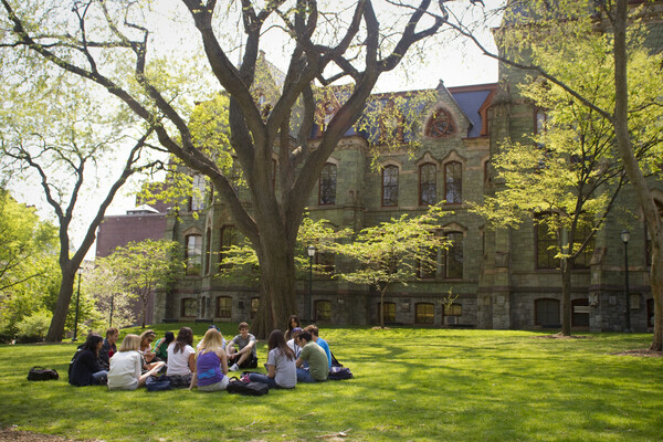 Students sit in circle under a tree