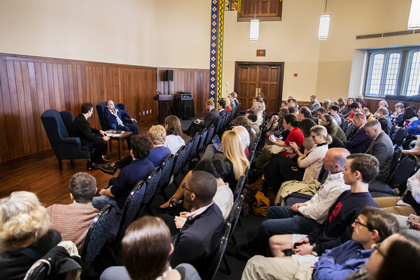 Crowd of people watching Orenstein and Antonov talk