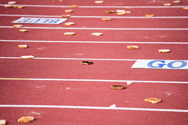 Slices of toast thrown onto the track at Penn's football stadium.