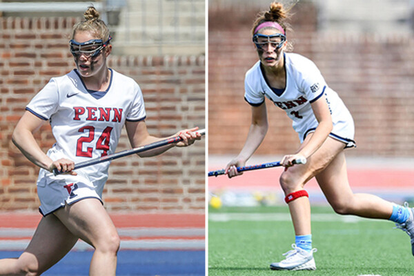 A composite of Gabby Rosenzweig, left, and Abby Bosco. Both are moving on the field with their sticks during a game.