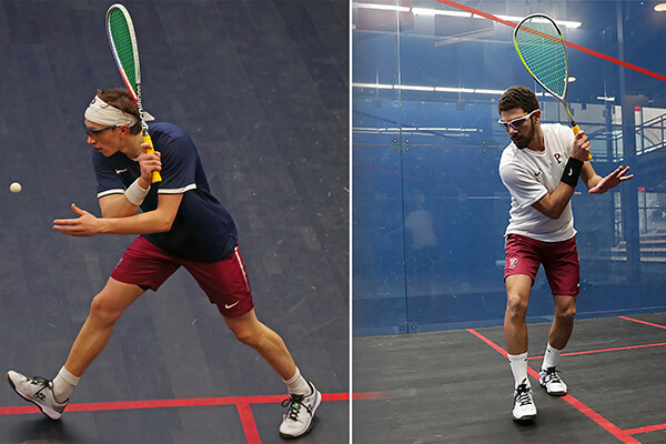 A composite shows Andrew Douglas, left, and Aly Abou Eleinen getting set to hit a ball with their racquets during a game.