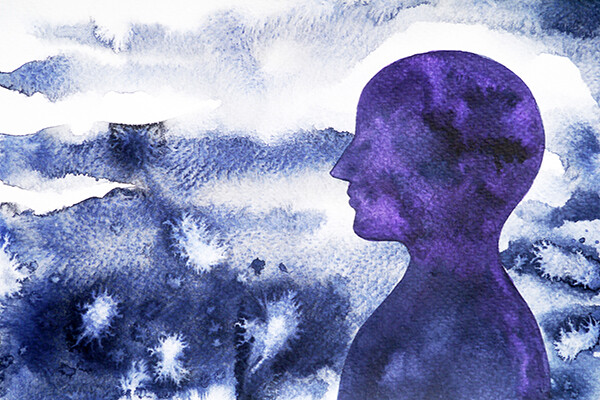 painting of a profile of a head in with a background of soothing watercolor-like colors