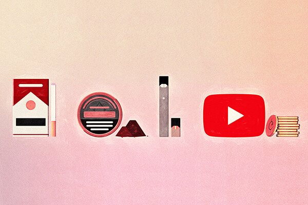 drawing of a pack of cigarettes and symbols of tobacco use alongside a YouTube play button image