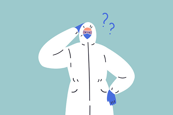 cartoon of a person scratching their head confused wearing full-body ppe