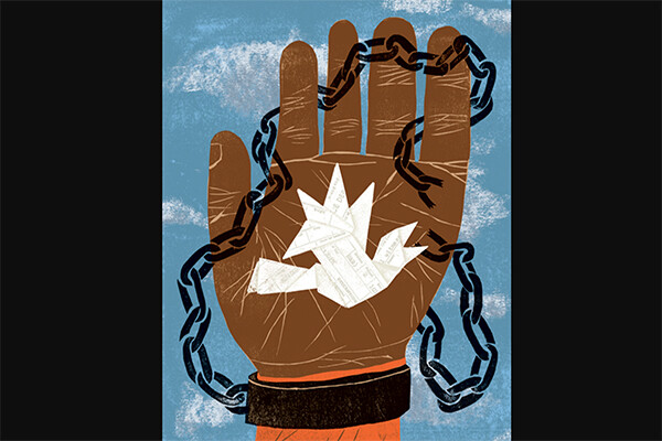 Illustration of a Black hand with shackle around the wrist and paper in the palm folded like a crane.