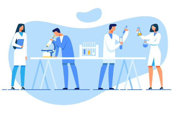 a cartoon of four researchers one with a notebook, one looking through a microscope, one injecting liquid into a test tube, and one looking at two flasks