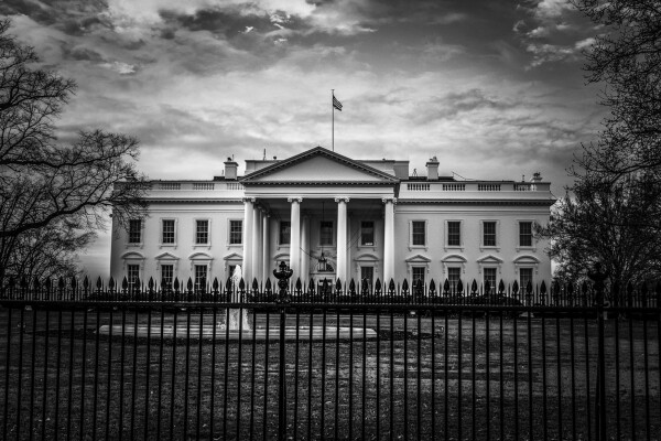 stock image of the white house in black and white