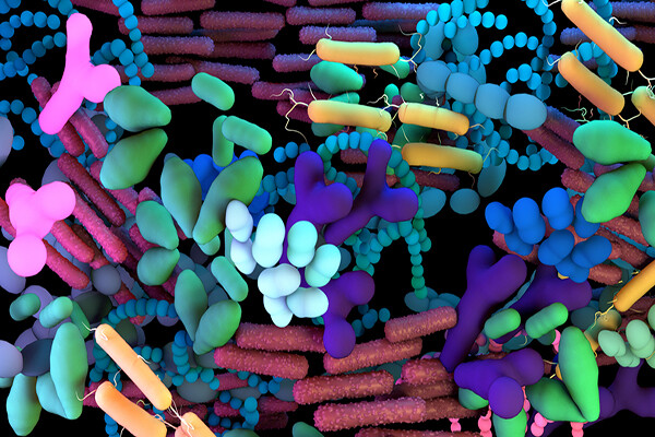 Microscopic rendering of the human microbiome, genetic material of all the microbes that live on and inside the human body.