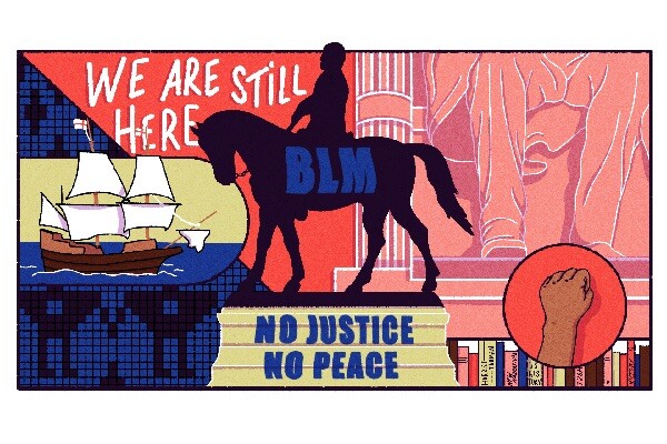 Cartoon depicting Black Lives Matter images, a black fist, NO JUSTICE NO PEACE, and a statue of a horse.
