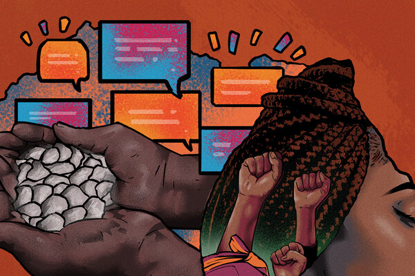 Illustrations of chat boxes, African American hands holding a handful of stones, and an African American person in profile. 
