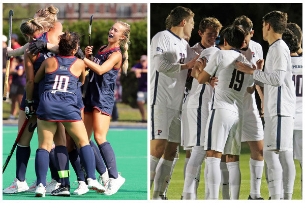 At left, field hockey team members celebrate in a circle; at right, members of the men's soccer team stand in a circle.