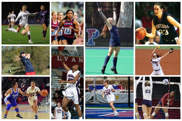 A collage showing women athletes playing a variety of sports, including soccer, basketball, softball, lacrosse, and volleyball.