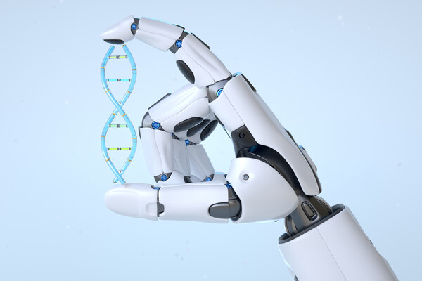 A robot hand holding a model of DNA.