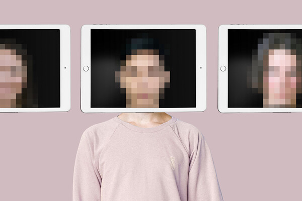 A human face with three deepfakes above it.