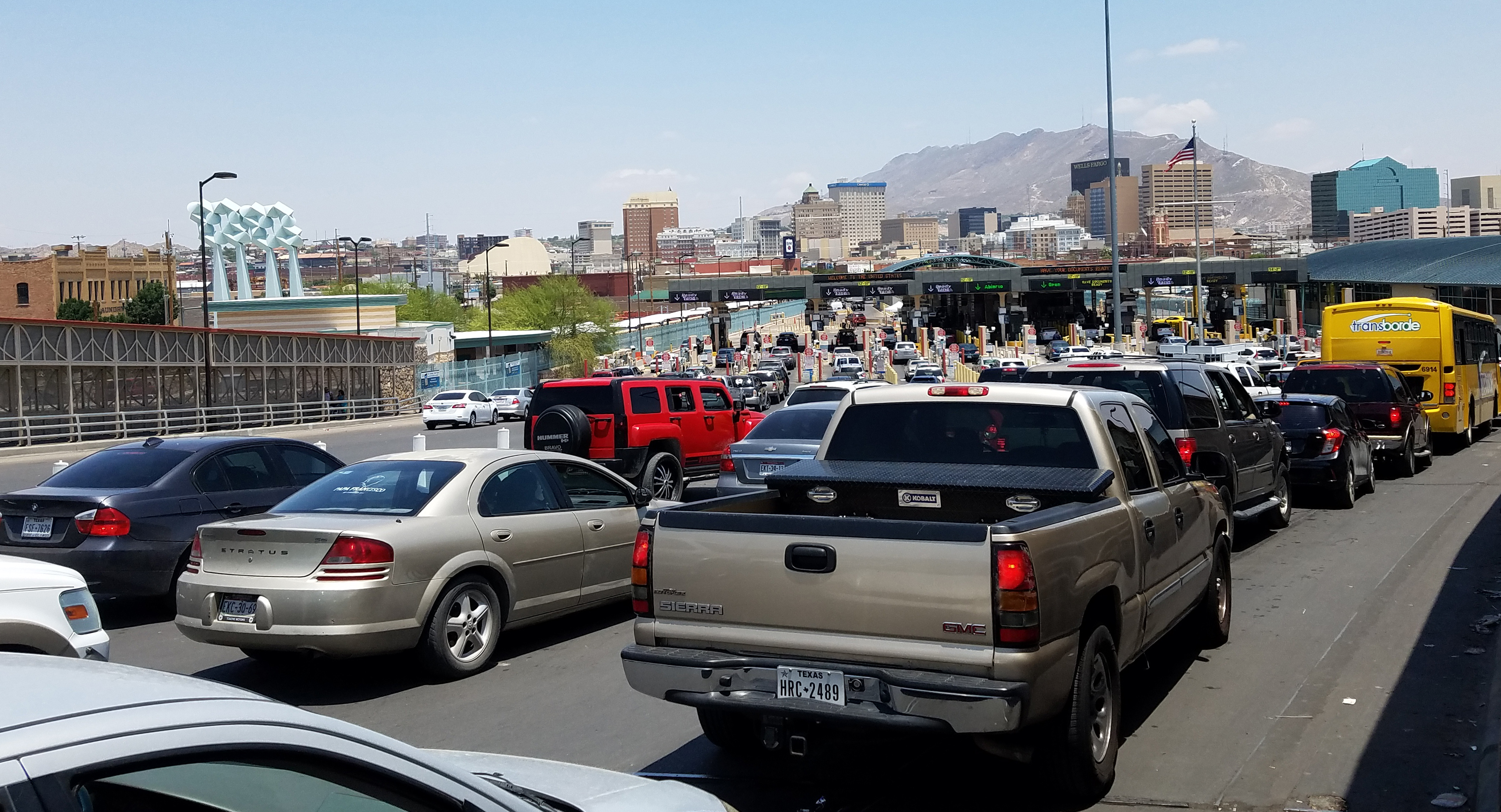 Borders are meant to filter entry from one jurisdiction to another. Here, traffic builds for entry from Ciudad Juarez to El Paso across the Santa Fe Bridge.