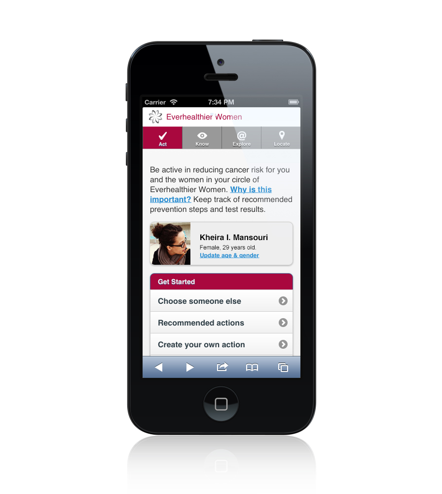 Screen view of the Everhealthier Women app with text, a woman's profile, and tabs to get started.