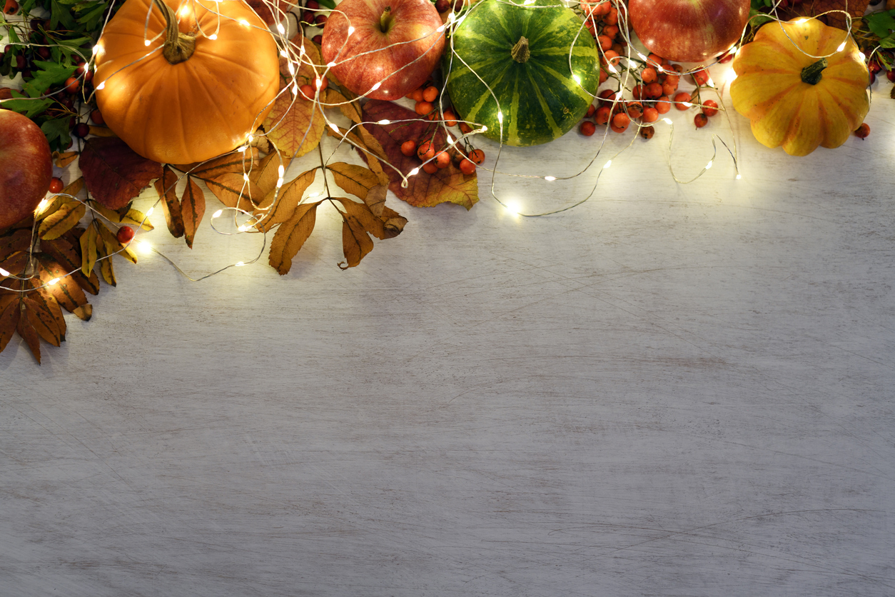 Festive fall pumpkins and leaves