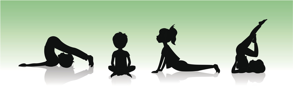 four kids doing yoga poses in silhouette
