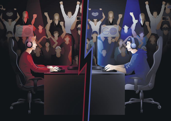 cartoon of dueling e-sport players facing each other with crowd cheering in background