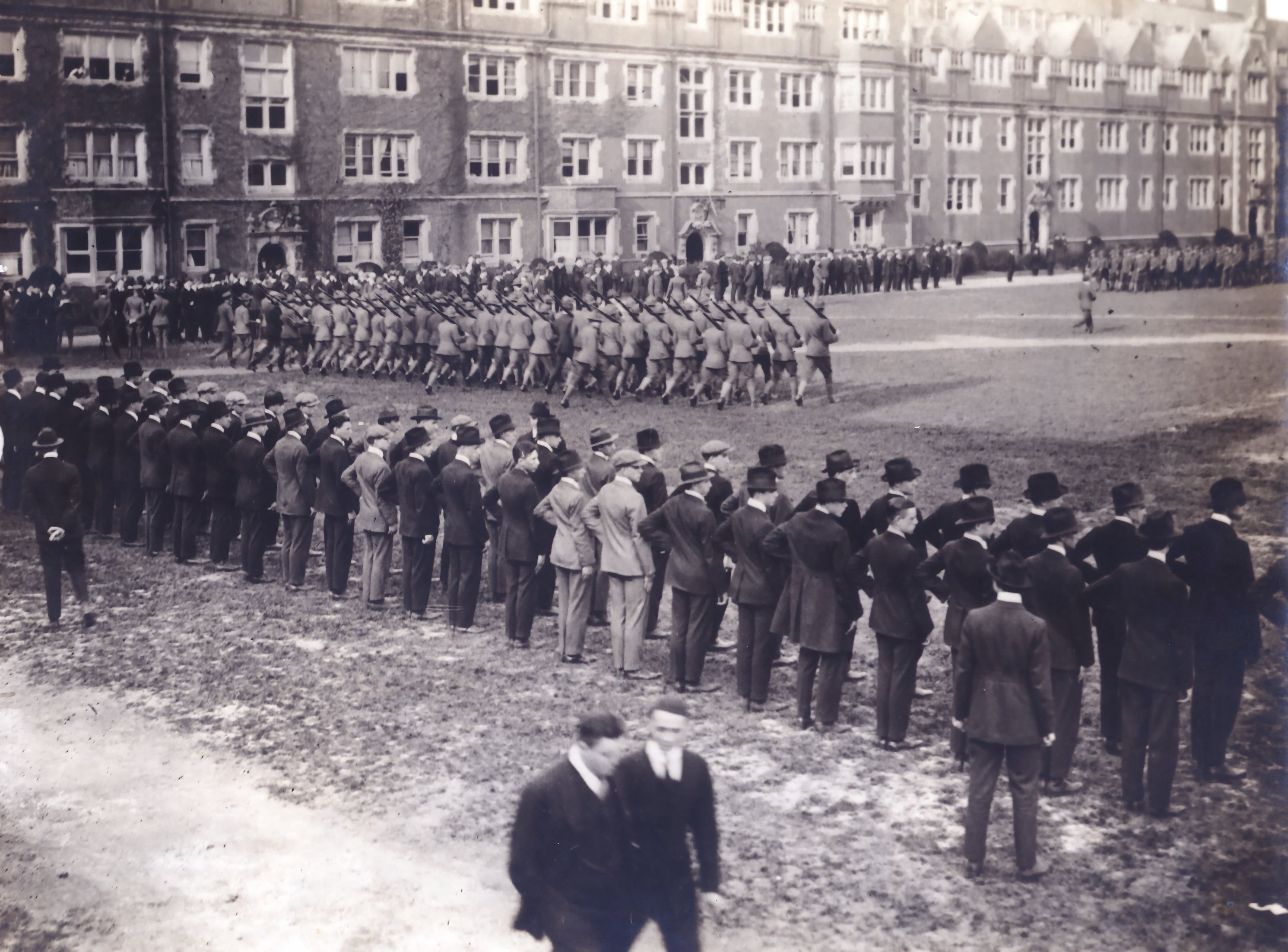 Black and white photo of military personnel on campus