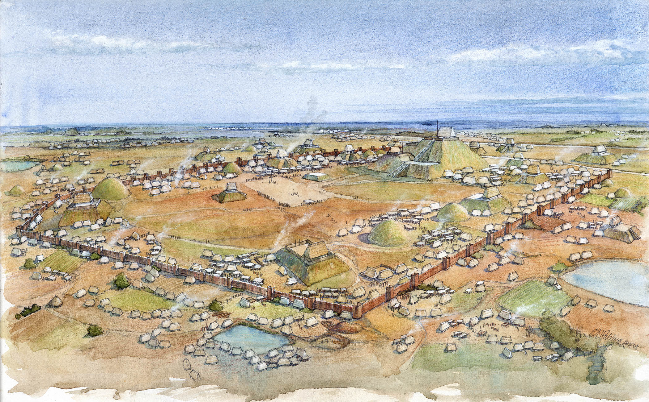 A prehistoric city with homes, earthen mounds, and pathways