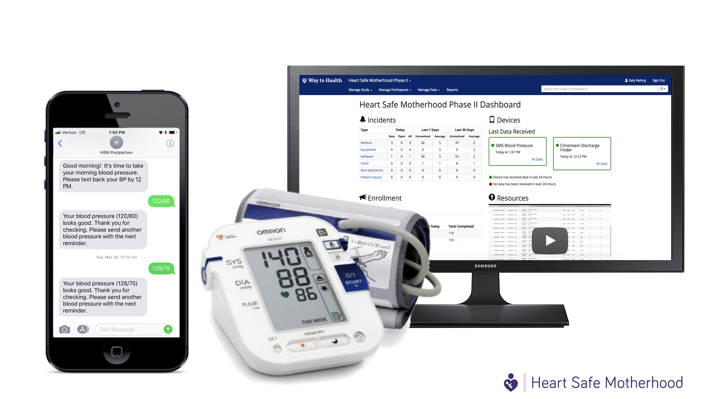 A computer and smartphone with a blood pressure cuff