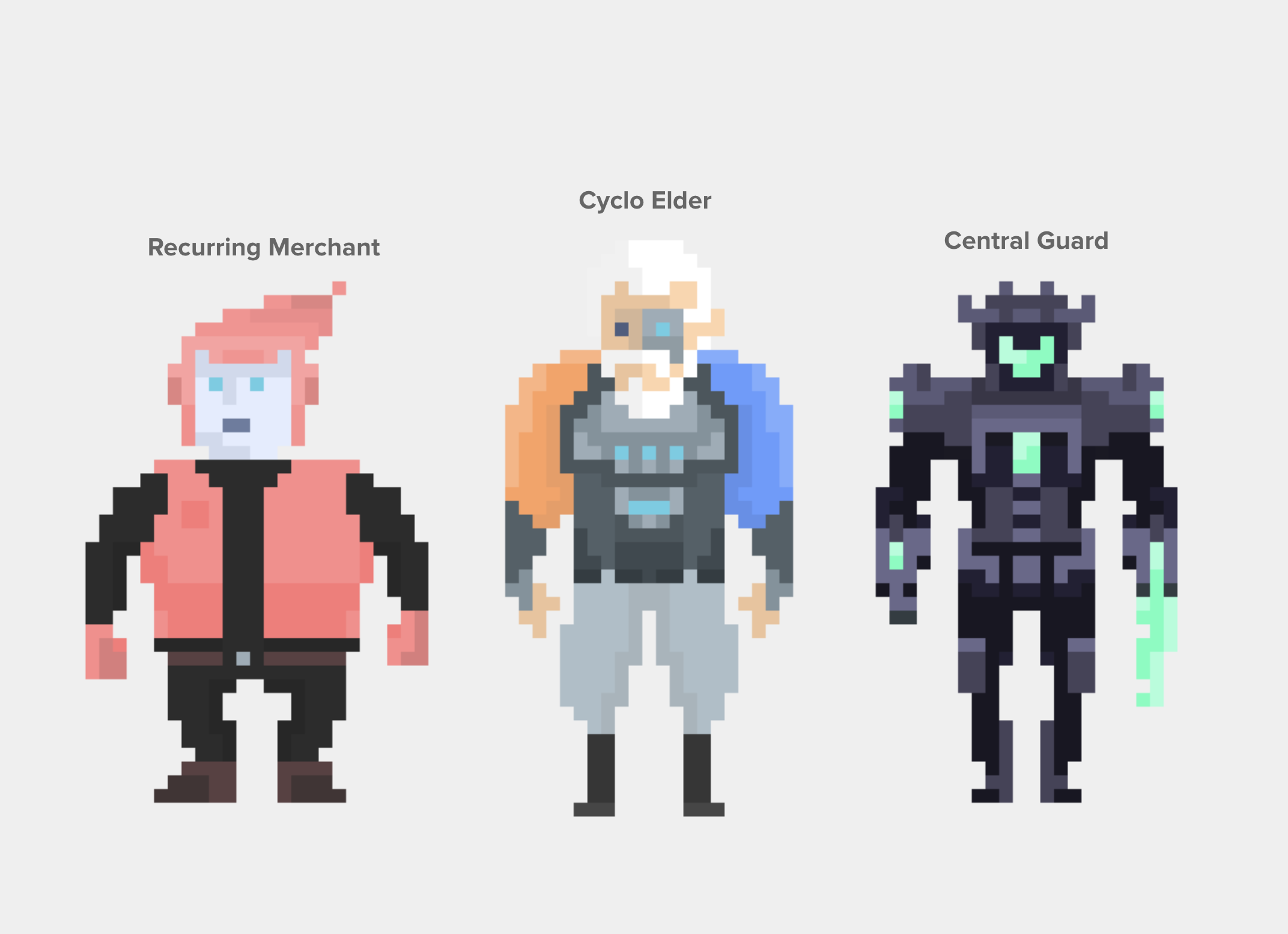 Three pixelated characters: a merchant, an elder, and a central guard