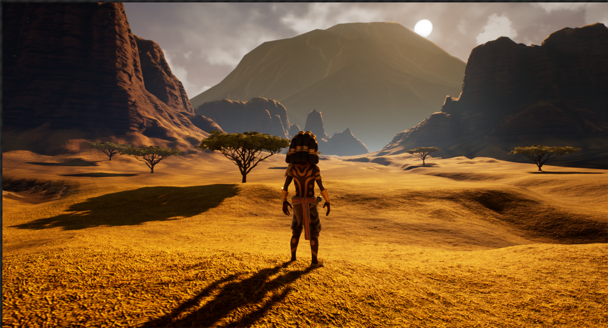 An African setting with a mountain and setting sun in the distance