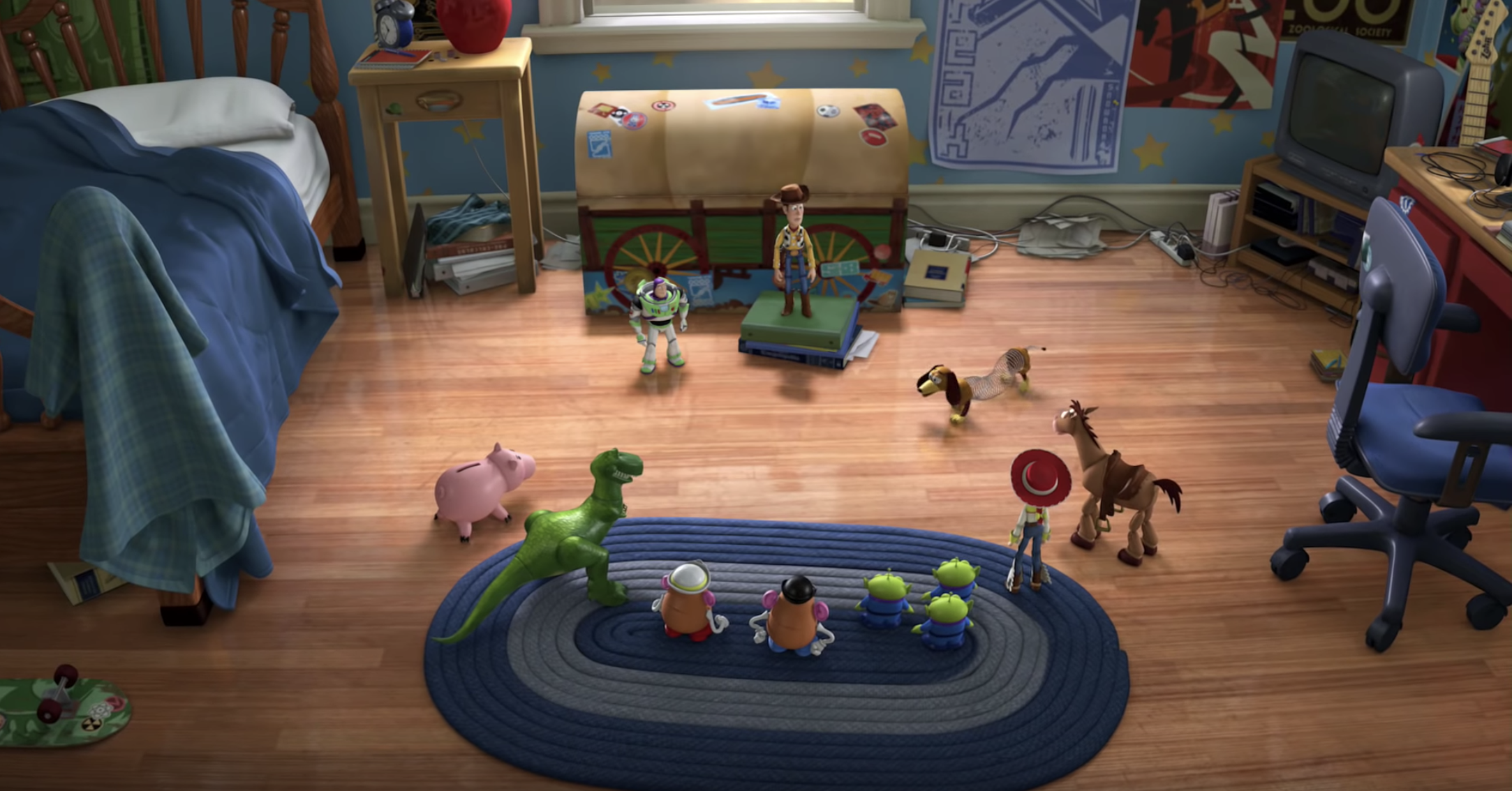 Toy Story characters gather around on bedroom floor