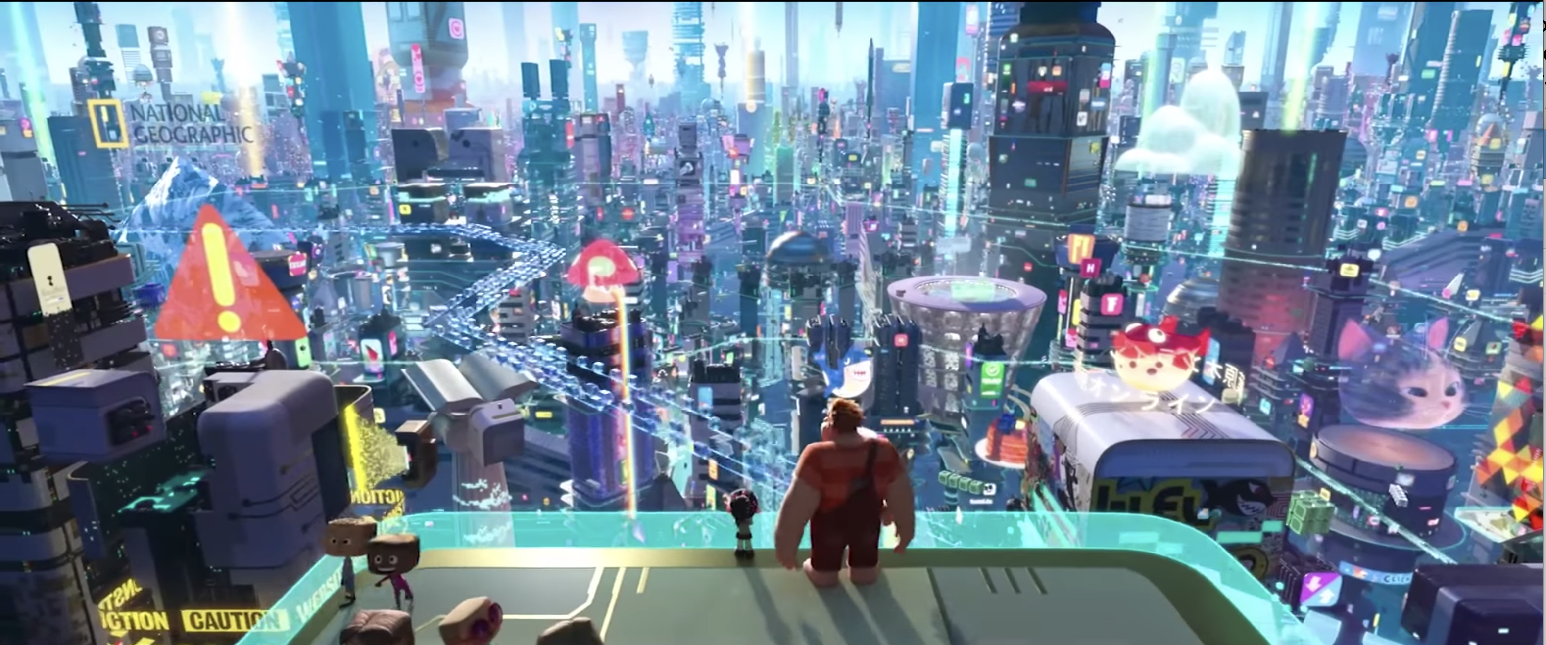 Ralph overlooks a 3D-animated city