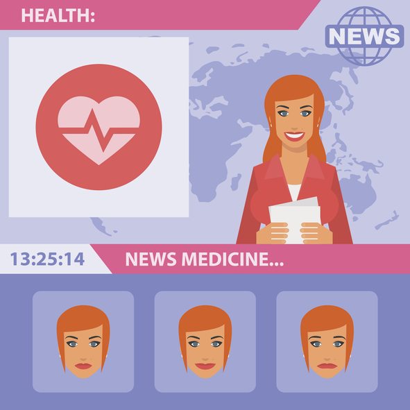 cartoon of news anchor with medical imagery on screen