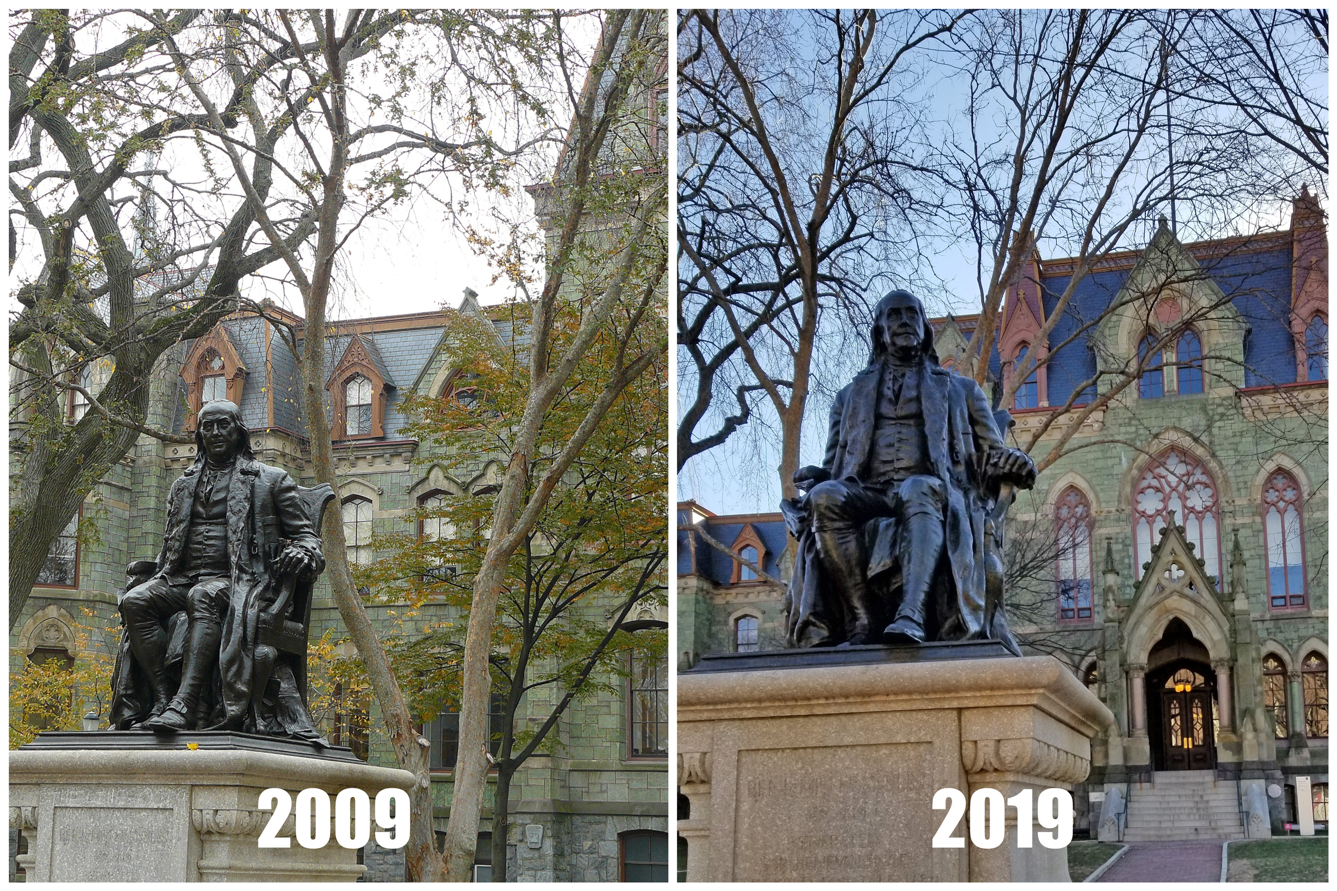 Benjamin Franklin statue in front of College Hall