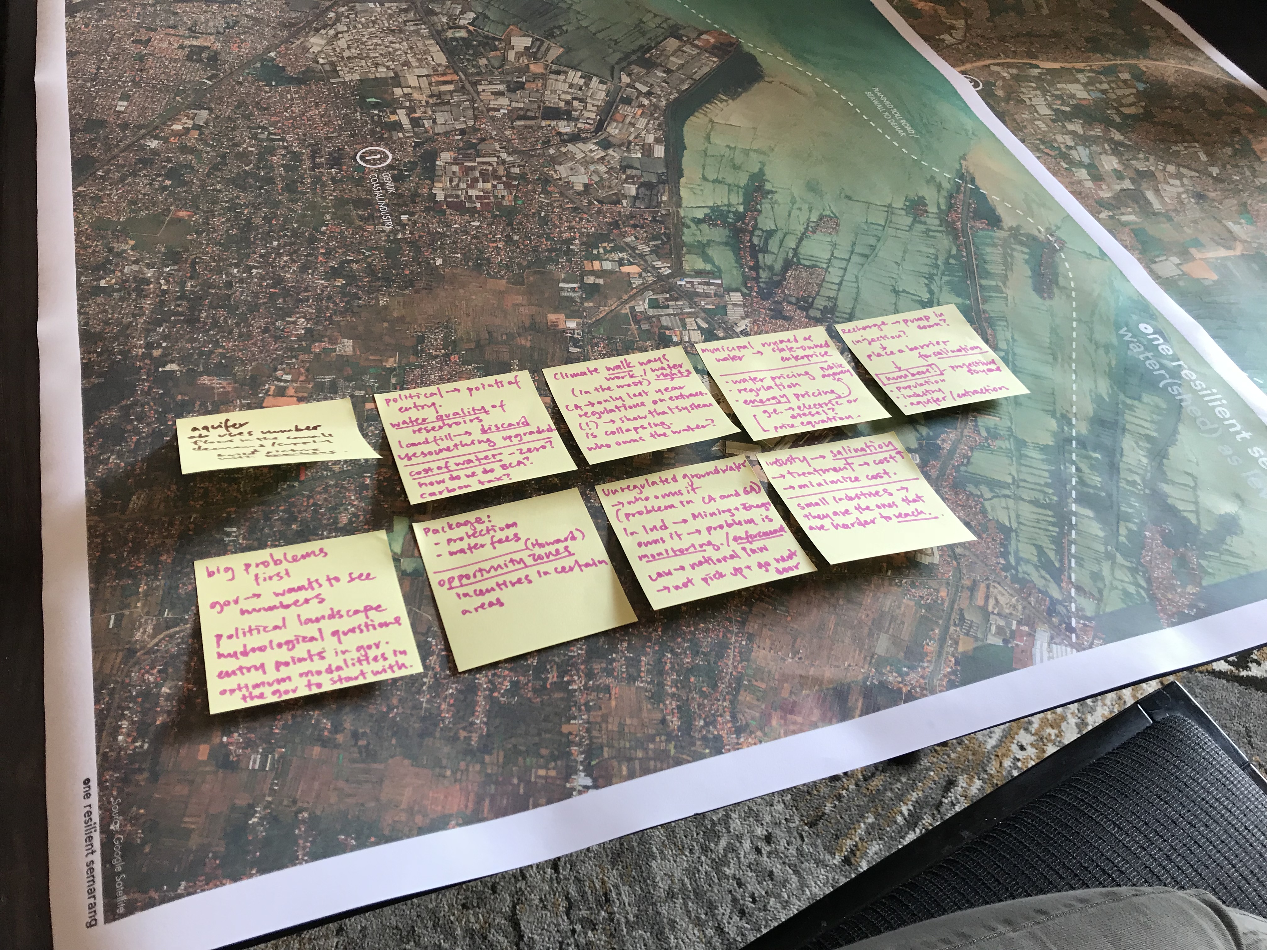 Post-it notes with pink hand-written comments overlay a map of a coastal area.