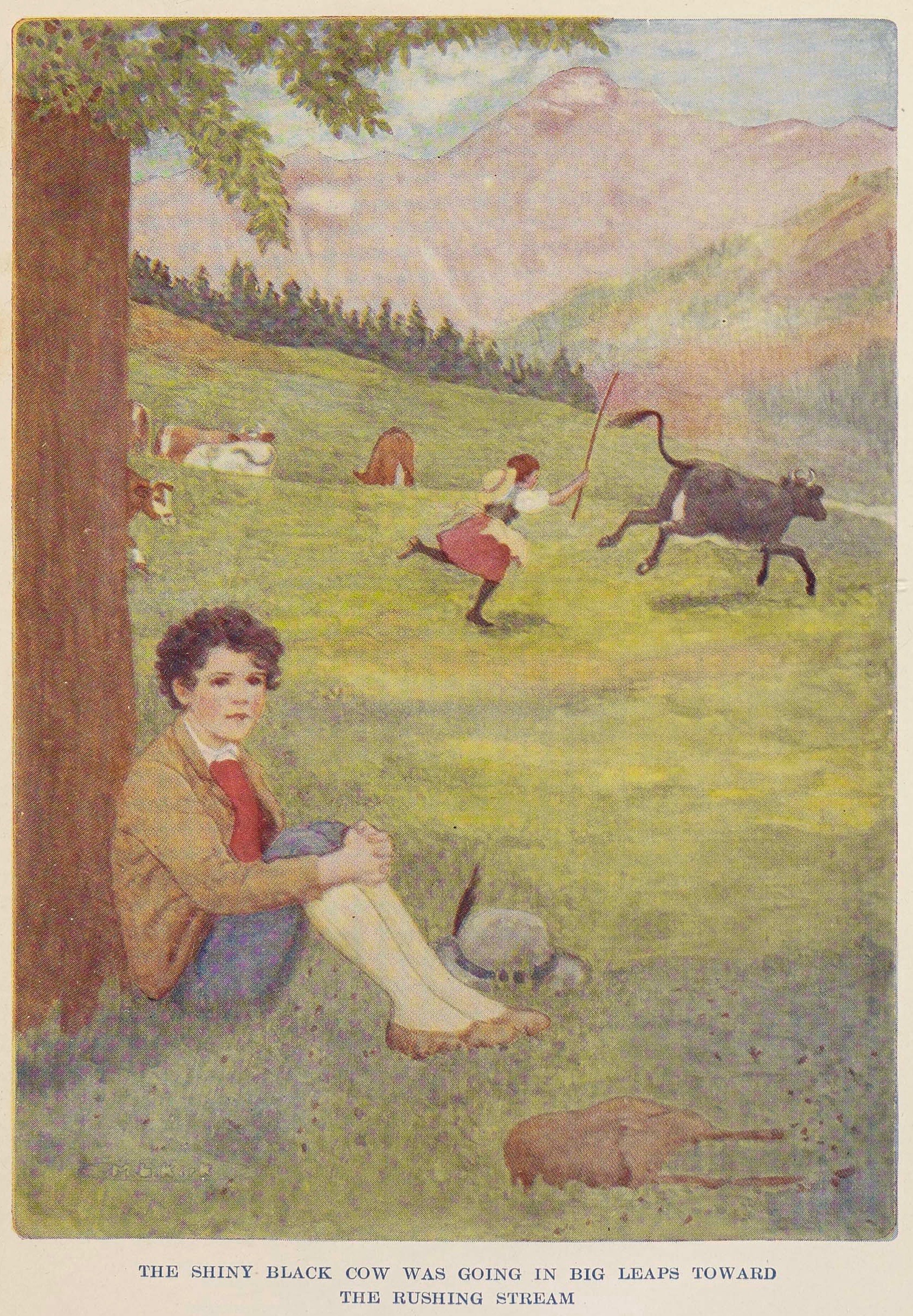 An illustration from the book Vinzi of a bucolic country scene showing a child sitting under a tree with another child chasing a cow in a field in the background.