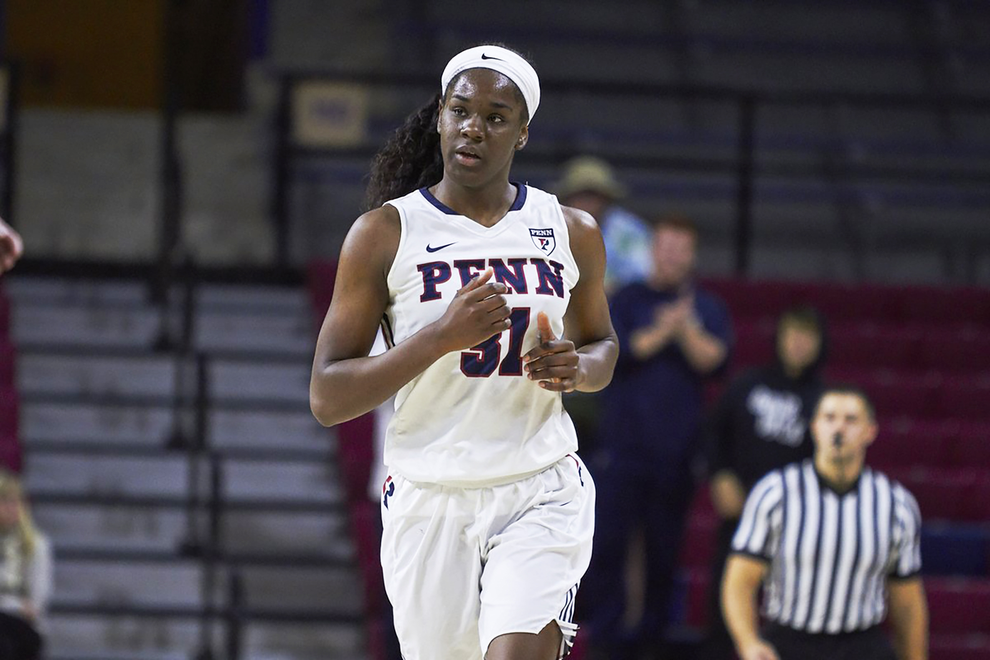 Sophomore center Eleah Parker runs up the court at the Palestra.