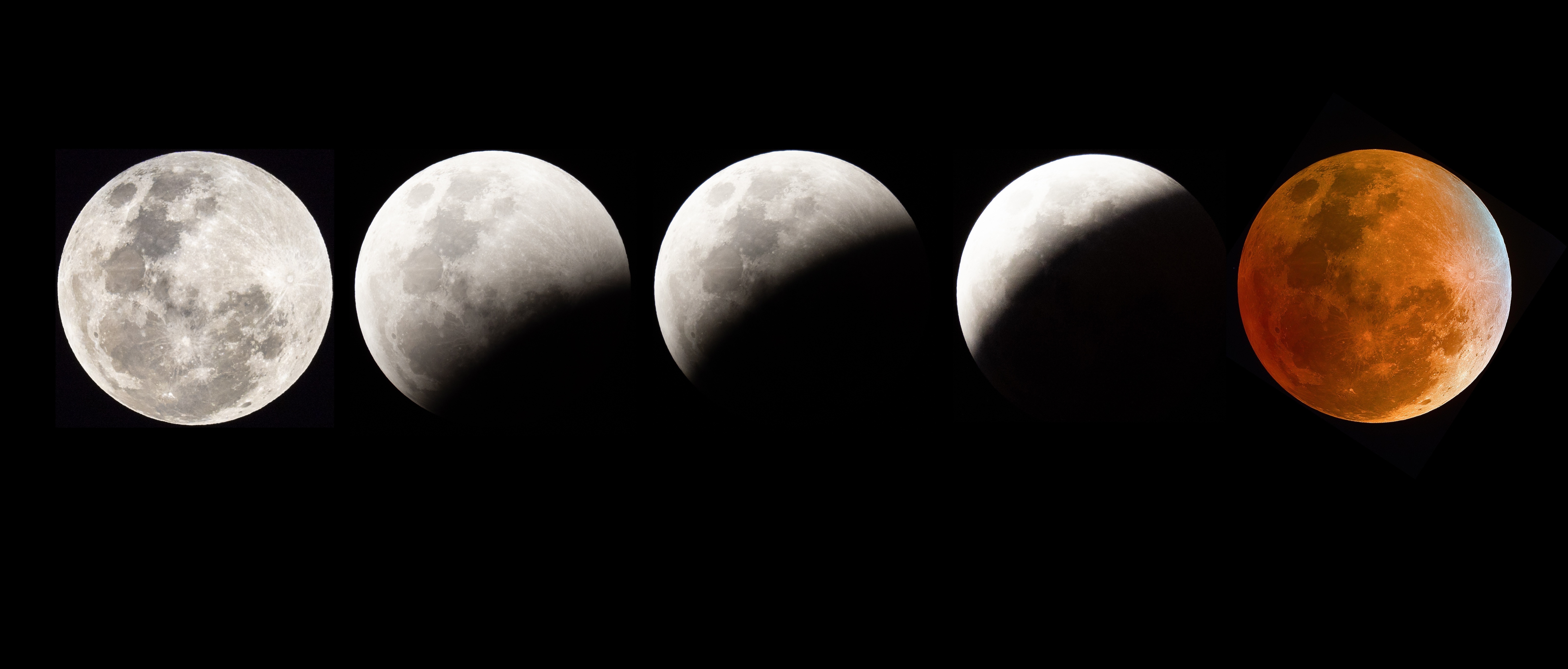 the moon shown in various phases across a black sky, the last phase is colored dark red