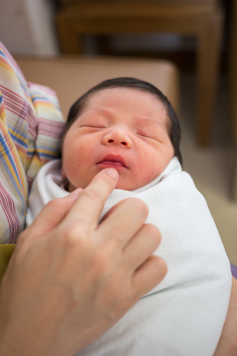 person holding swaddled newborn baby