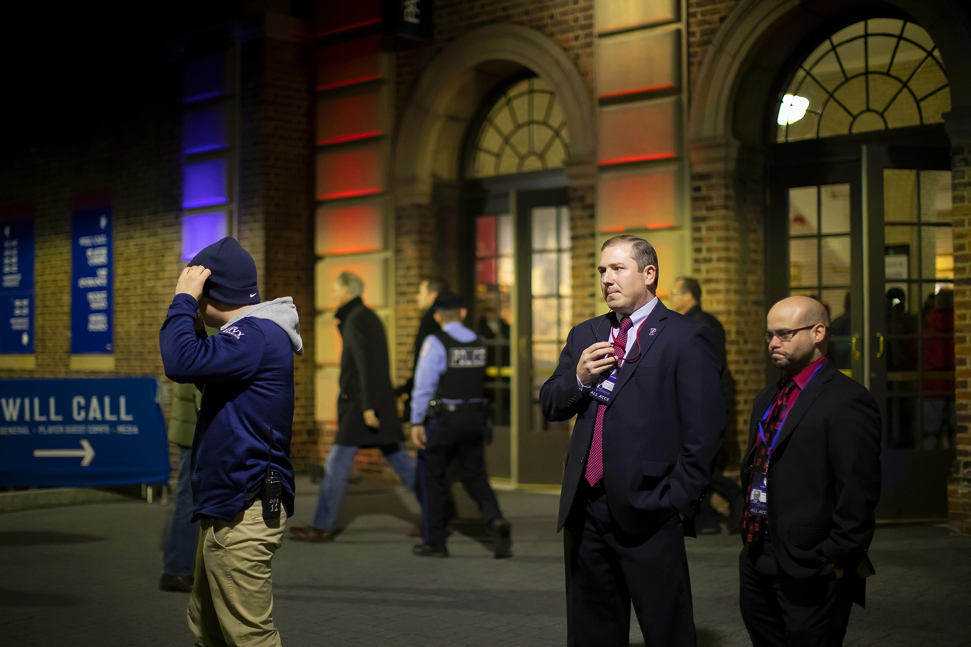Director of Gameday Operations Mike Martin stands outside the Palestra before a basketball game.