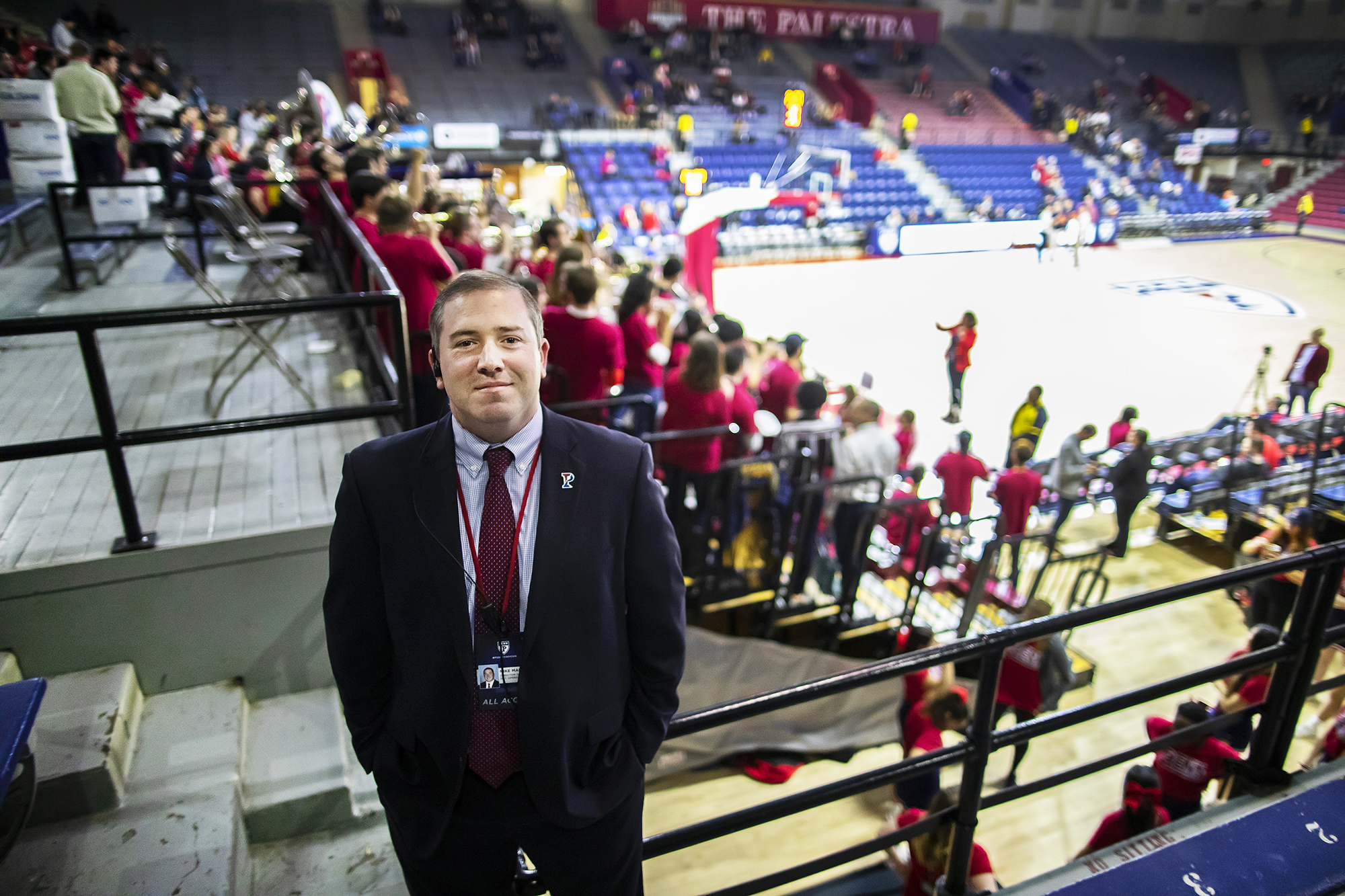Director of Gameday Operations Mike Martin stands in the bleachers at the Palestra.