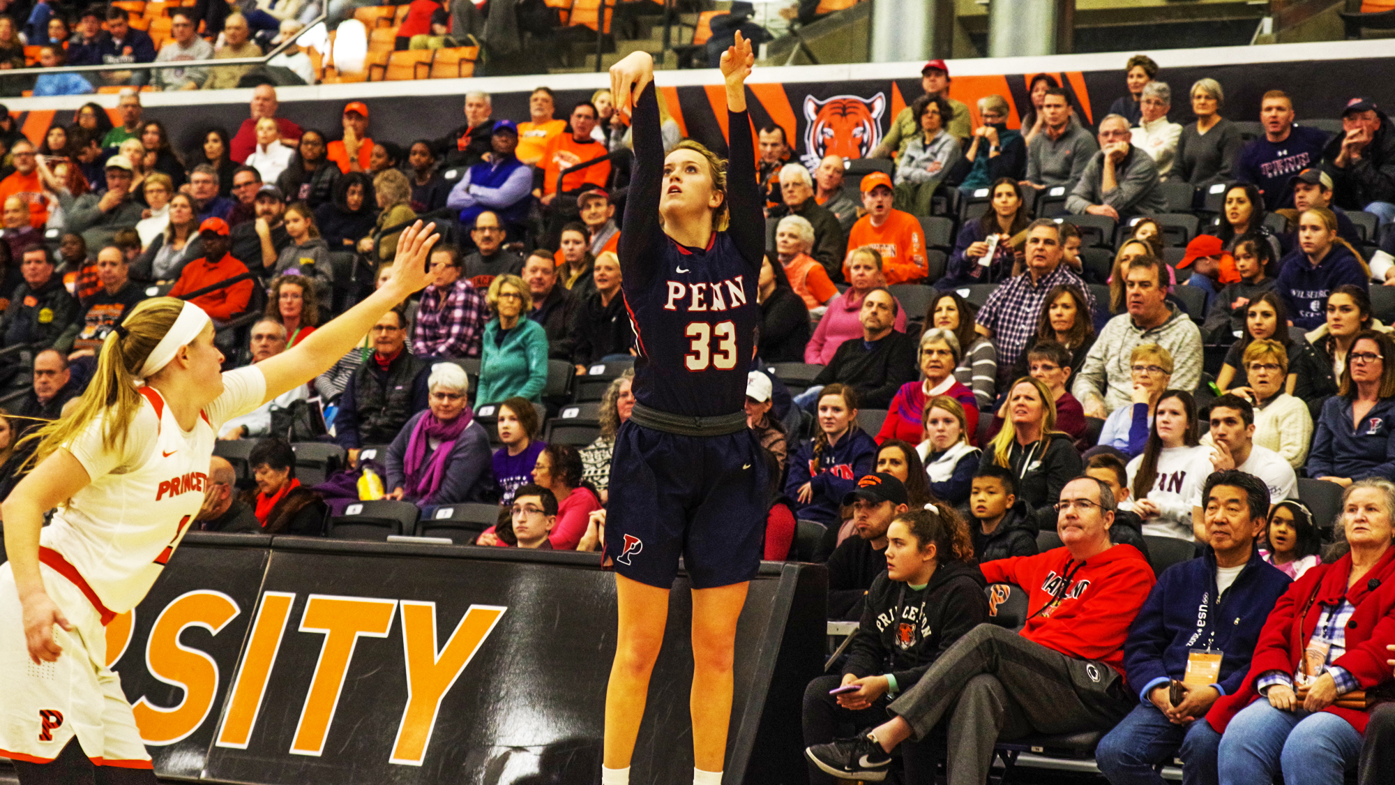 Phoebe Sterba shoots a long-range shot against Princeton in New Jersey.