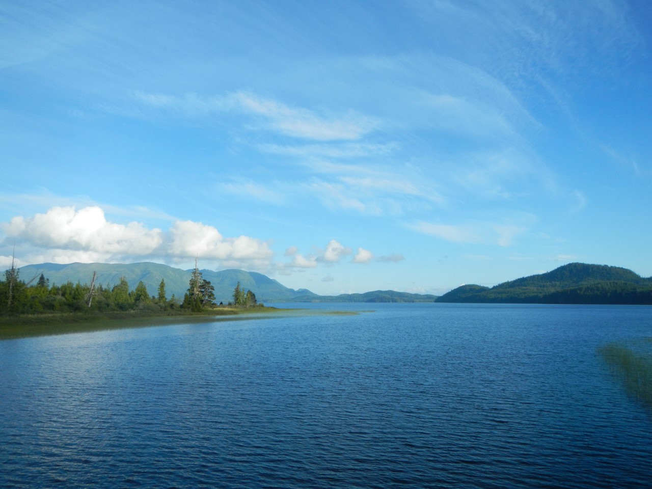 Beautiful lake with evergreens and green mountains in the distance under a blue sky.
