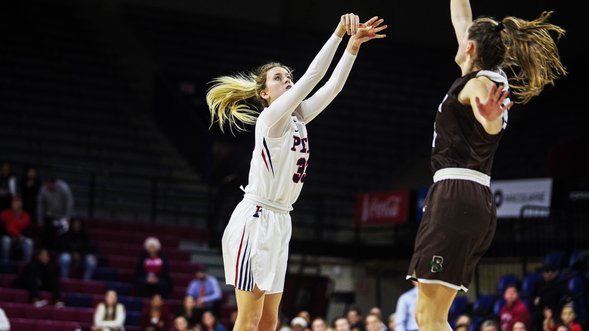 Junior guard Phoebe Sterba shoots a jump shot against Brown at the Palestra.