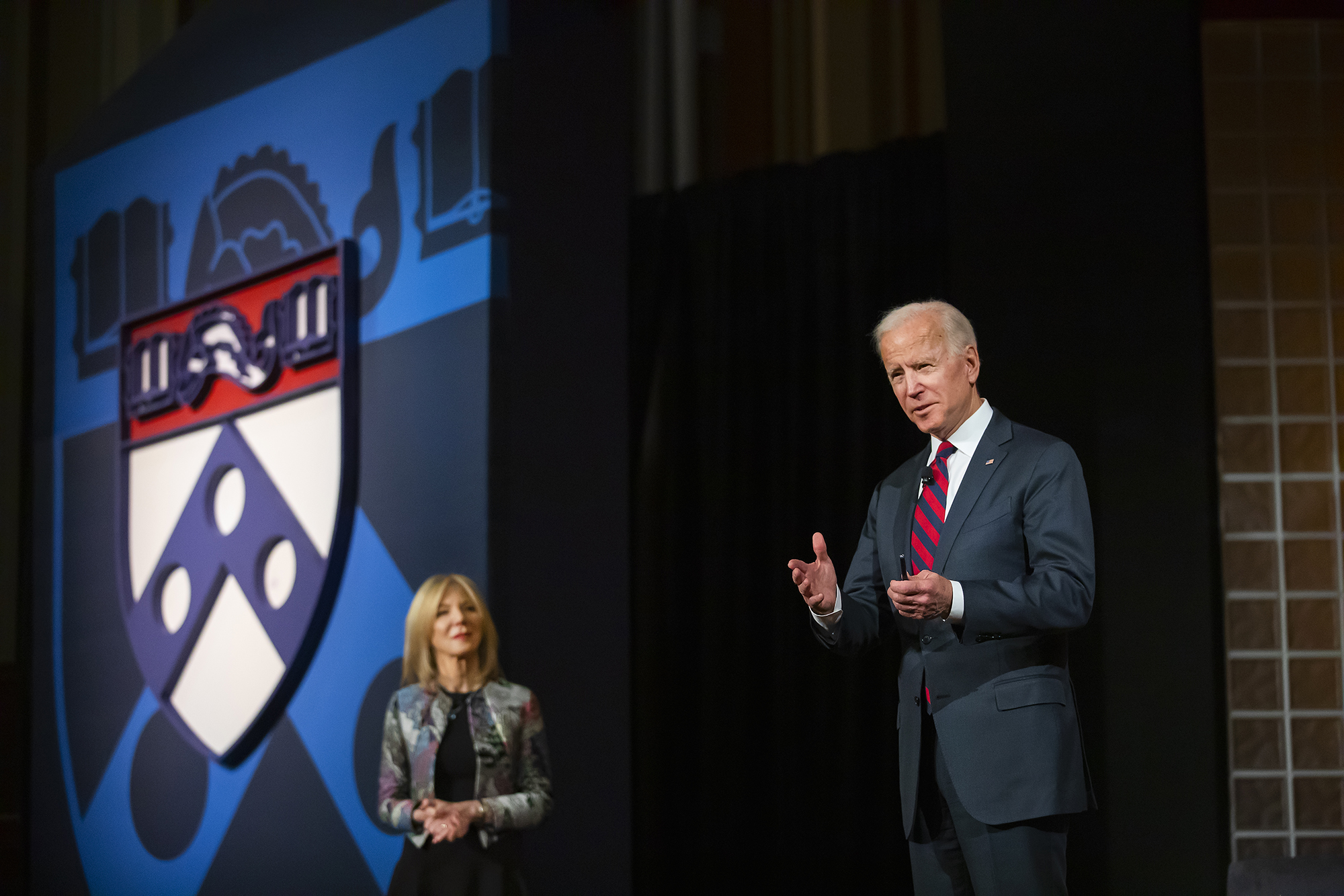 biden on stage answering questions from students