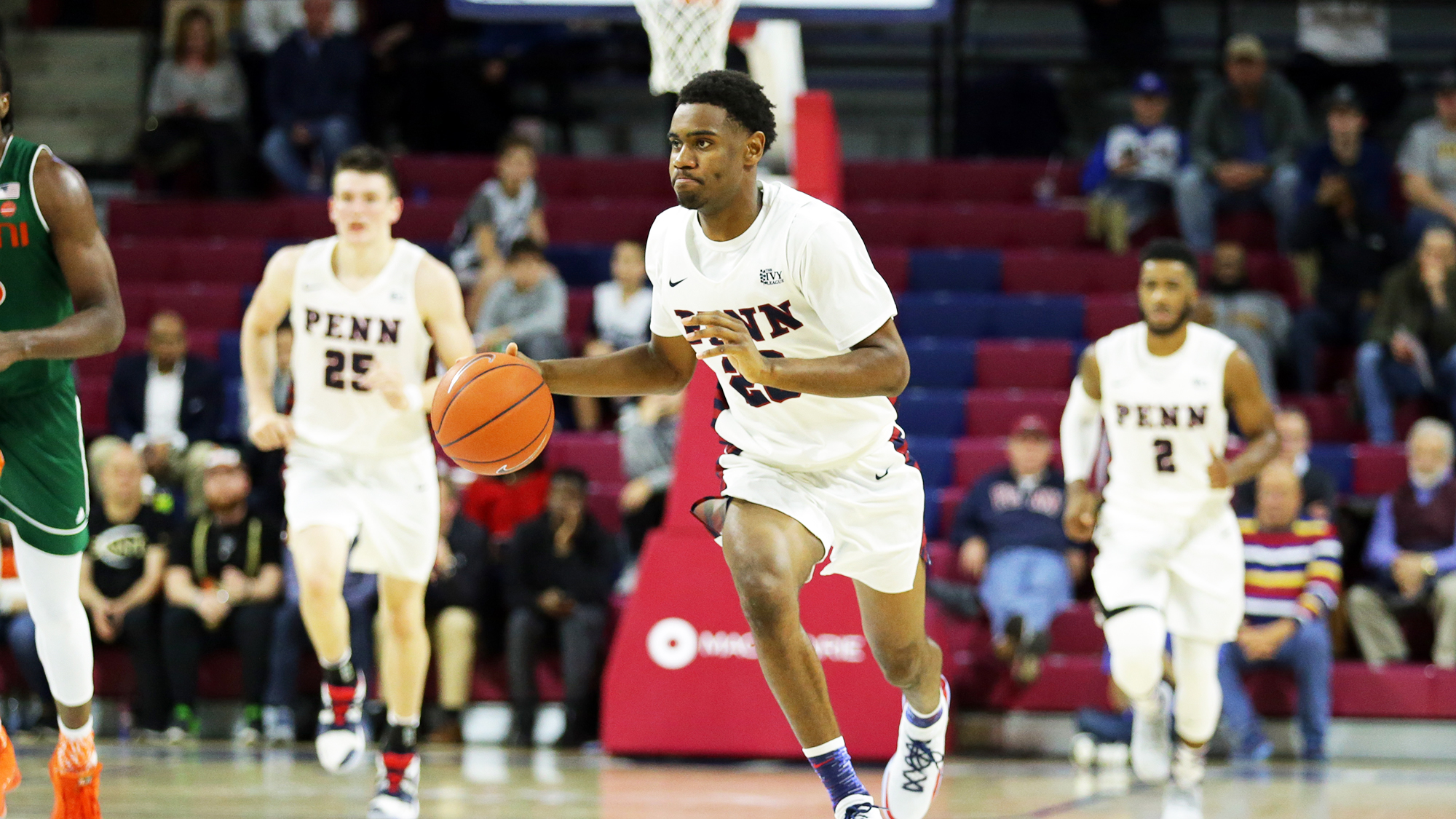 Freshman guard Bryce Washington dribbles up the court at the Palestra.