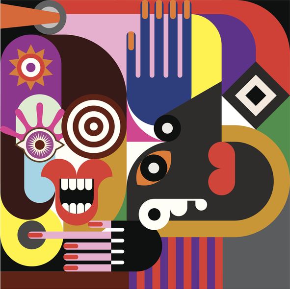 abstract faces rendered in bold patterns and colors