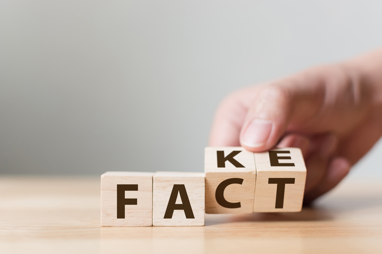 Wooden blocks spelling out "fact" and "fake" 