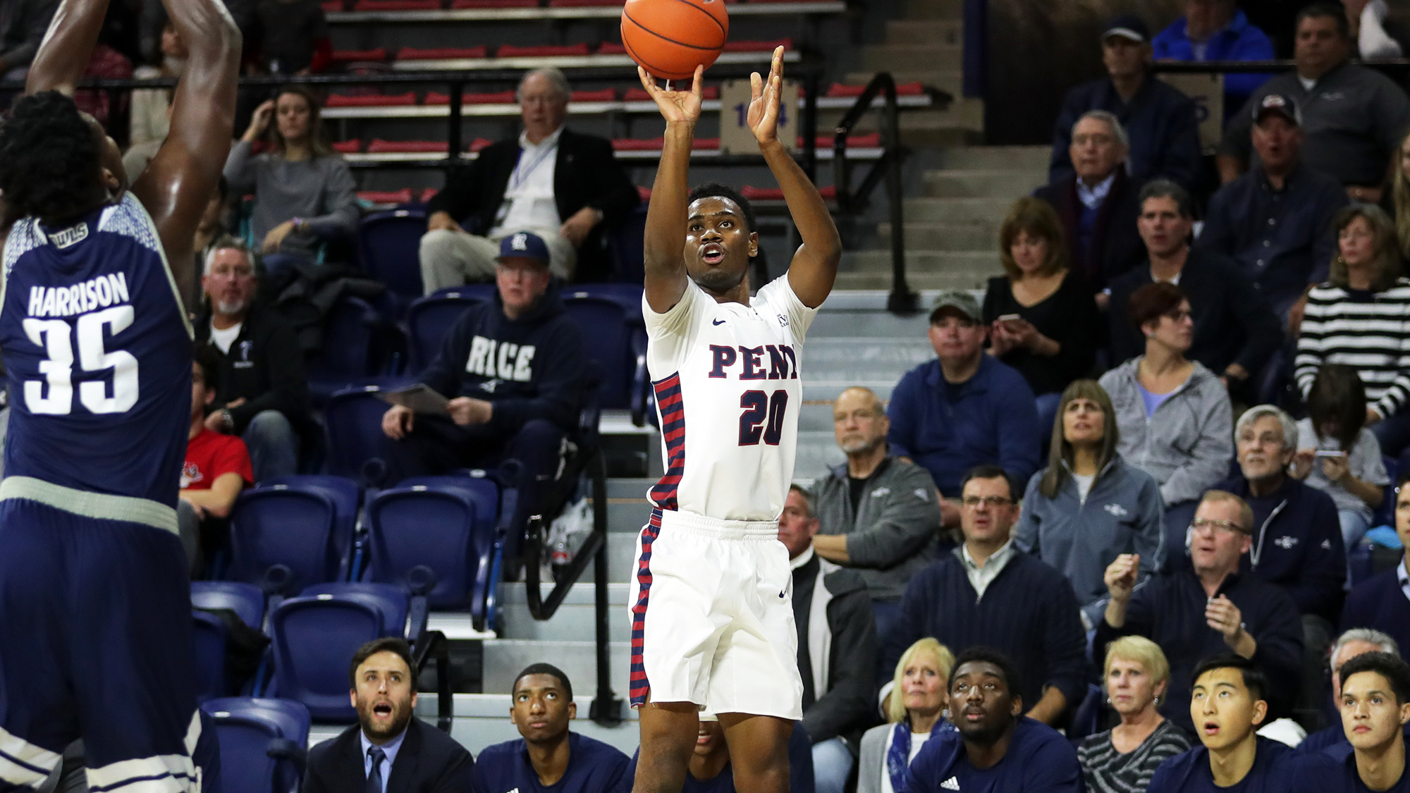 Freshman guard Bryce Washington shoots the ball against Rice at the Palestra.