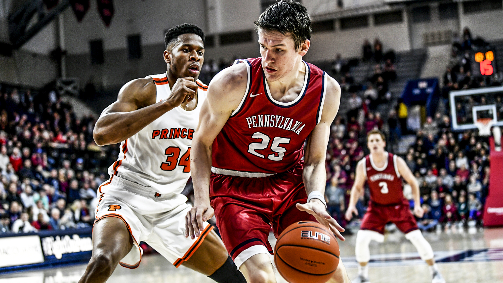AJ Brodeur dribbles to the basketball against Princeton at the Palestra.